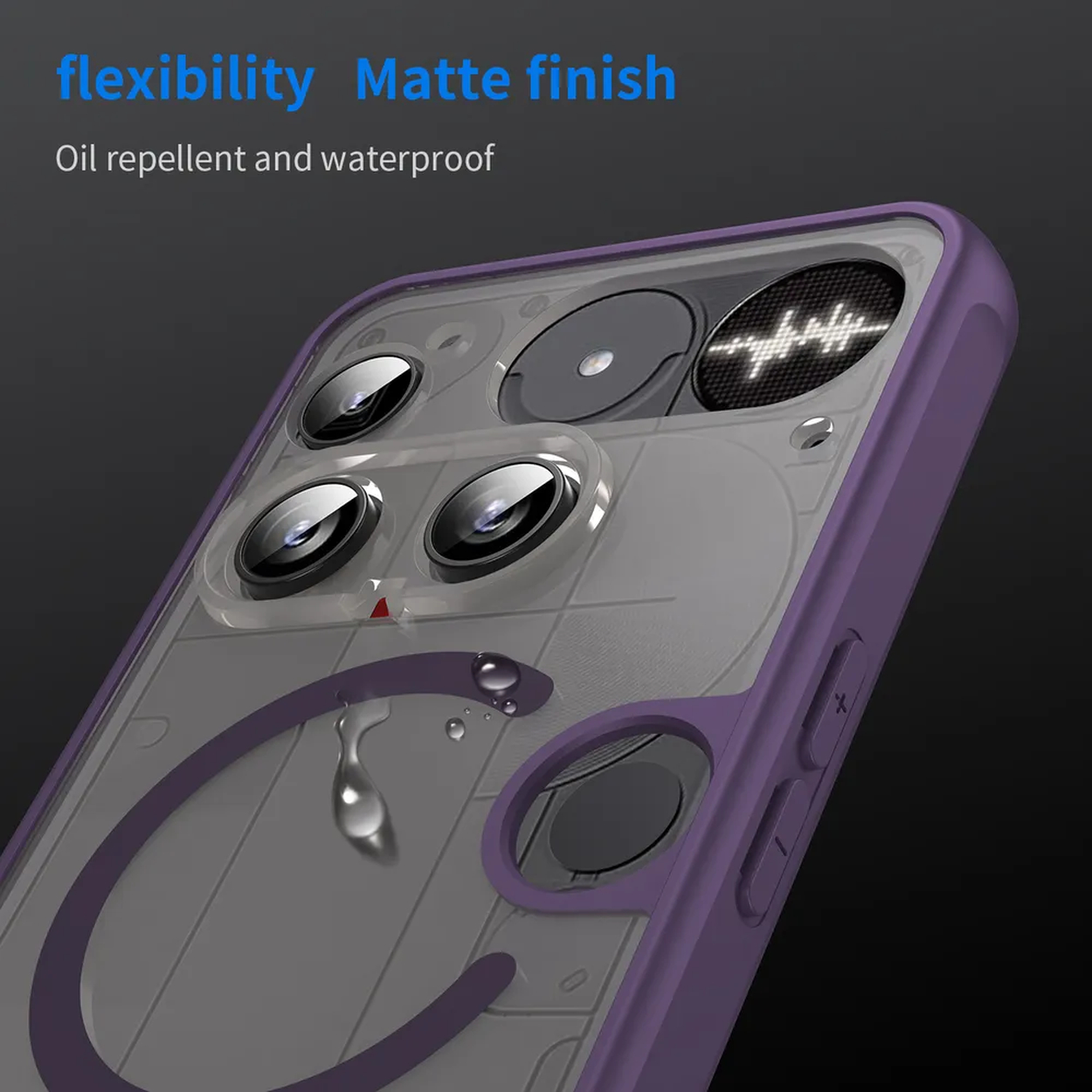 Coque de téléphone bordée de violet montrant un téléphone avec plusieurs lentilles et un dos transparent.