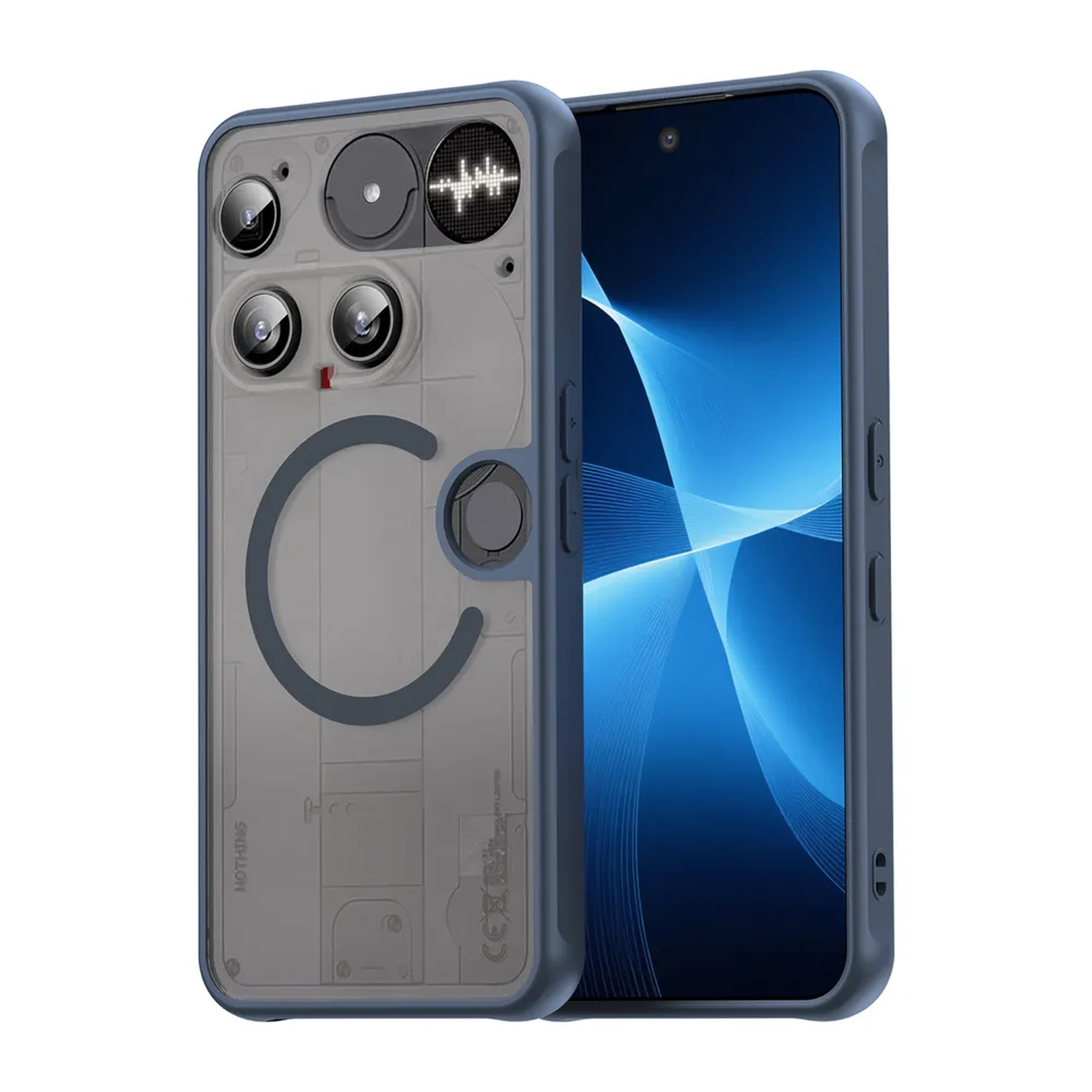 Telefoonhoesje met blauw frame, transparante achterkant en telefoon erin. De telefoon heeft meerdere camera's.