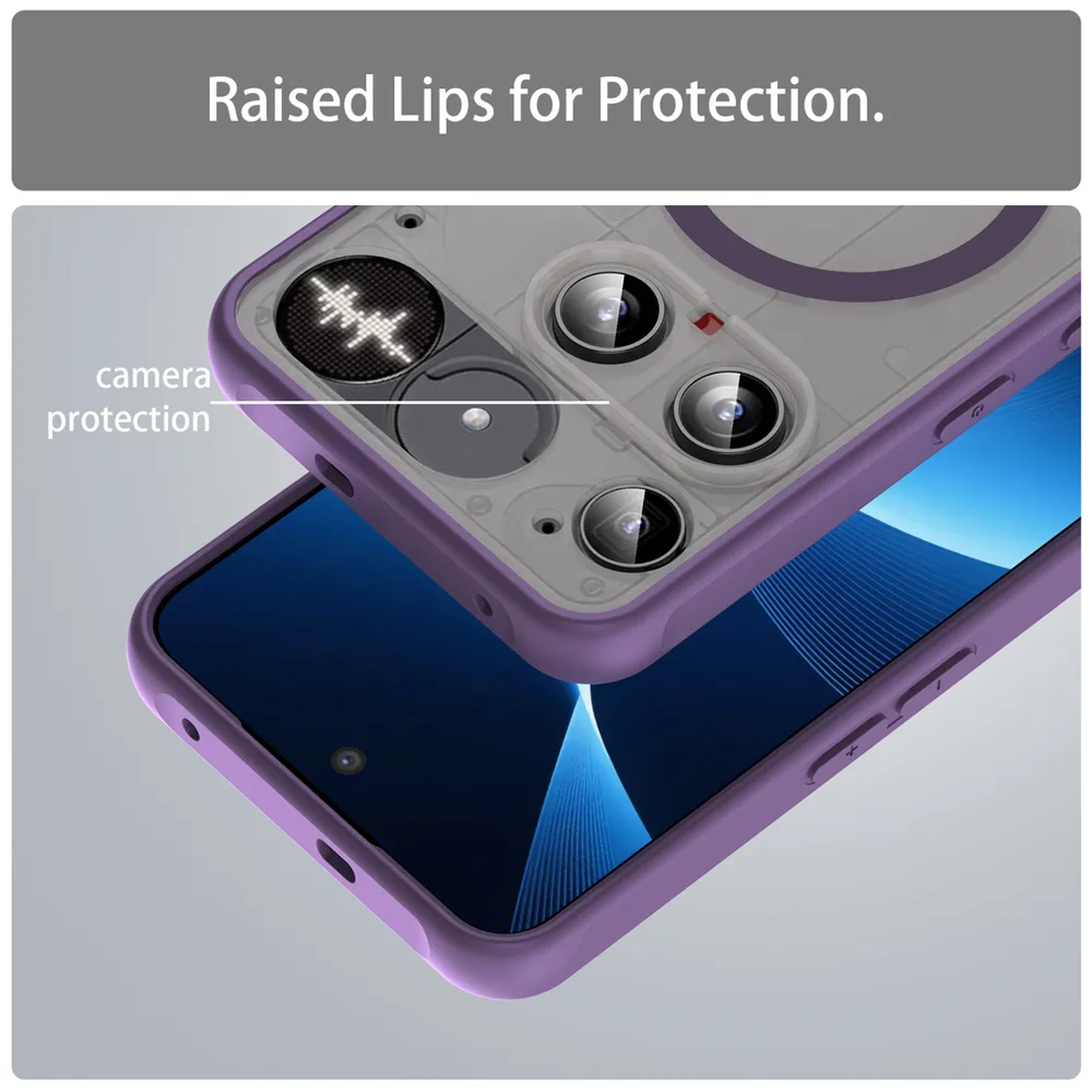Gros plan sur un téléphone dans une coque violette, avec protection de la caméra et bords surélevés.