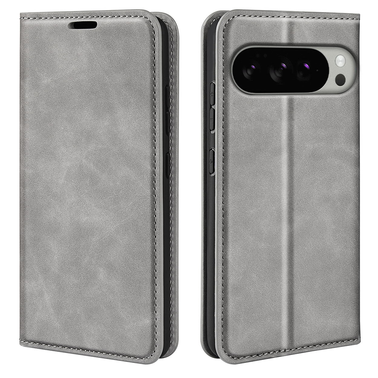 Un étui de téléphone en cuir gris fermé. Le dos a une découpe pour l'appareil photo.
