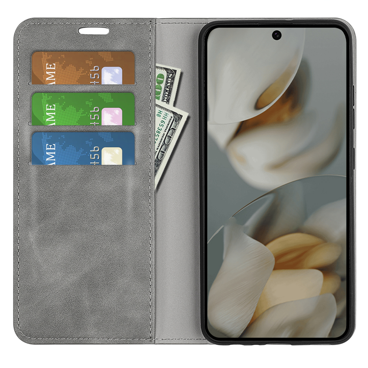 Un étui de téléphone en cuir gris, ouvert. À l'intérieur, des cartes de crédit et de l'argent. Le téléphone affiche une image florale.