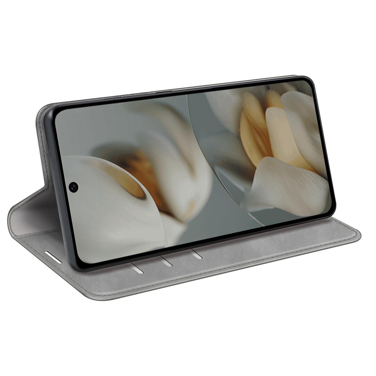 Téléphone gris dans un étui folio gris. L'écran du téléphone est visible, affichant une image.