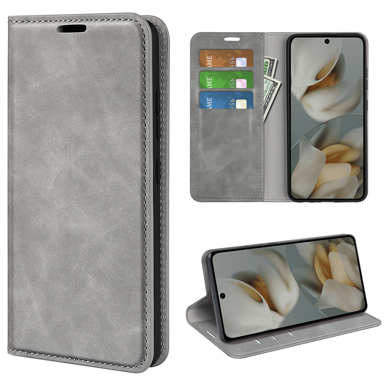Un étui de téléphone gris, ouvert, avec des cartes, de l'argent et un téléphone. Une autre vue montre le téléphone relevé.