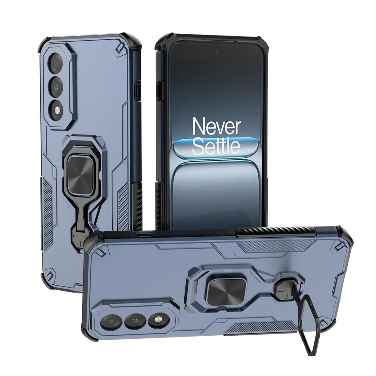 Trois coques de téléphone bleues avec des accents noirs et un support de bague. L'une contient un téléphone avec un écran « Never Settle ».