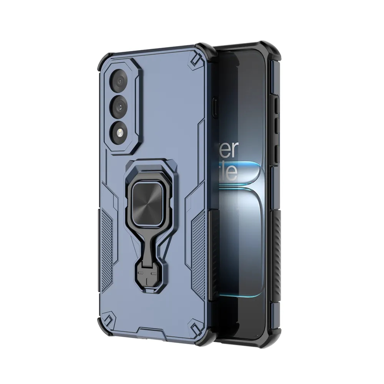 Une coque de téléphone bleue avec des accents noirs et un support de bague. La coque contient un téléphone avec un écran clair.