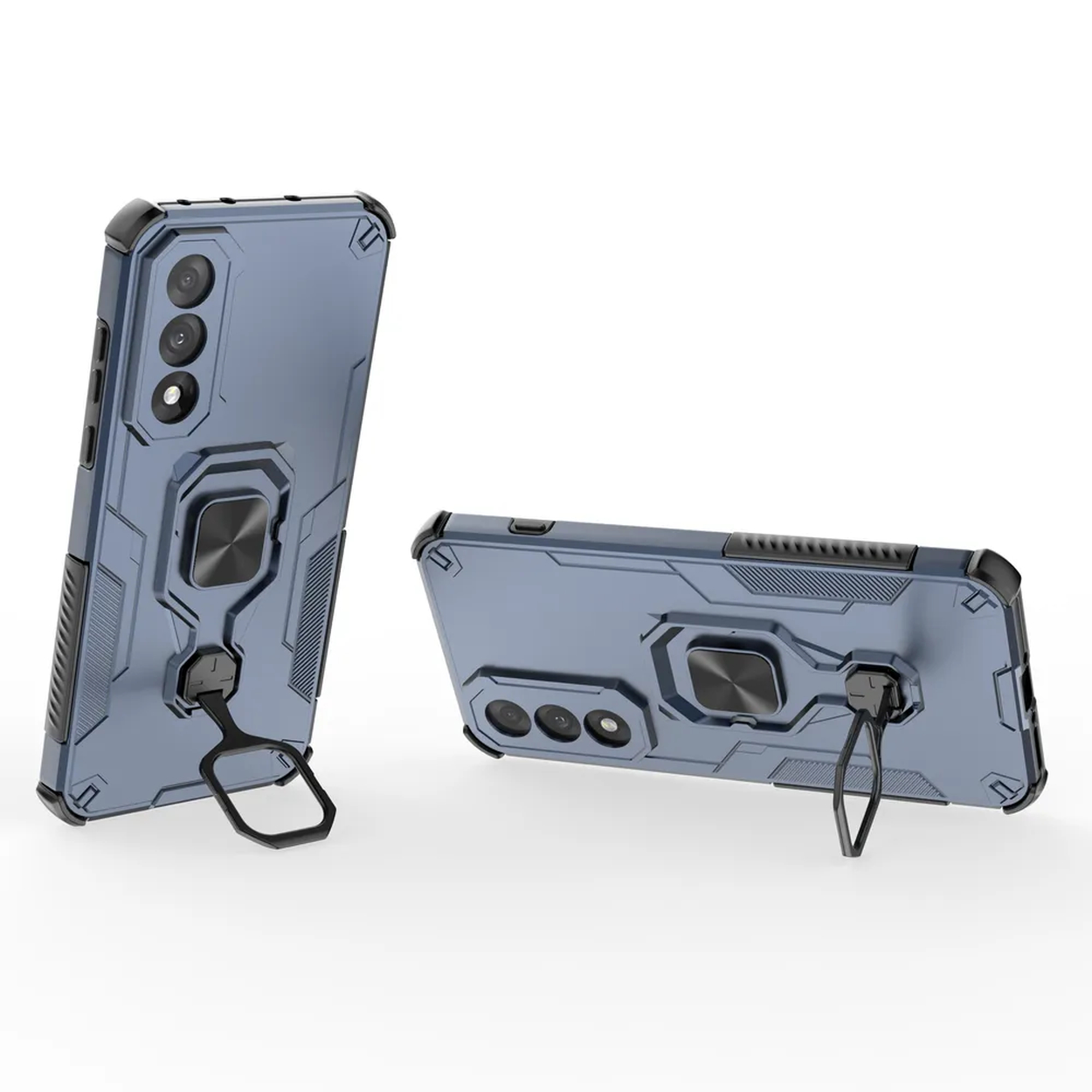 Deux coques de téléphone bleues avec un porte-anneau. L'une est debout et l'autre est à plat.