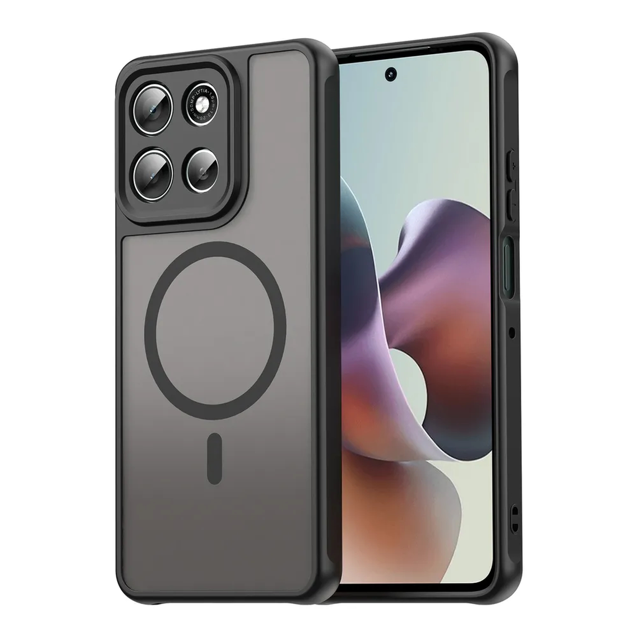 Een donkergrijze telefoonhoes met een magnetische ring en camerabescherming. De telefoon toont een display. De hoes staat op een witte achtergrond.