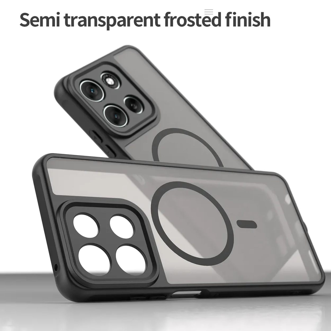 Twee semi-transparante frosted telefoonhoesjes met een zwart frame en een magnetische ring. De hoesjes staan op een witte achtergrond.
