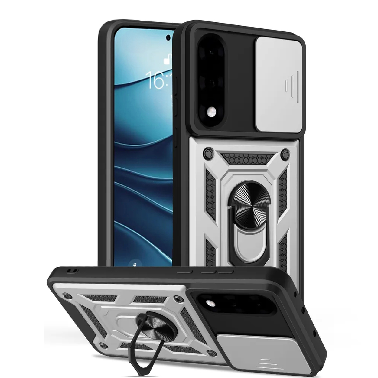 Zwarte en zilveren telefoonhoes met een ringhouder en een schuifbare camerahoes.