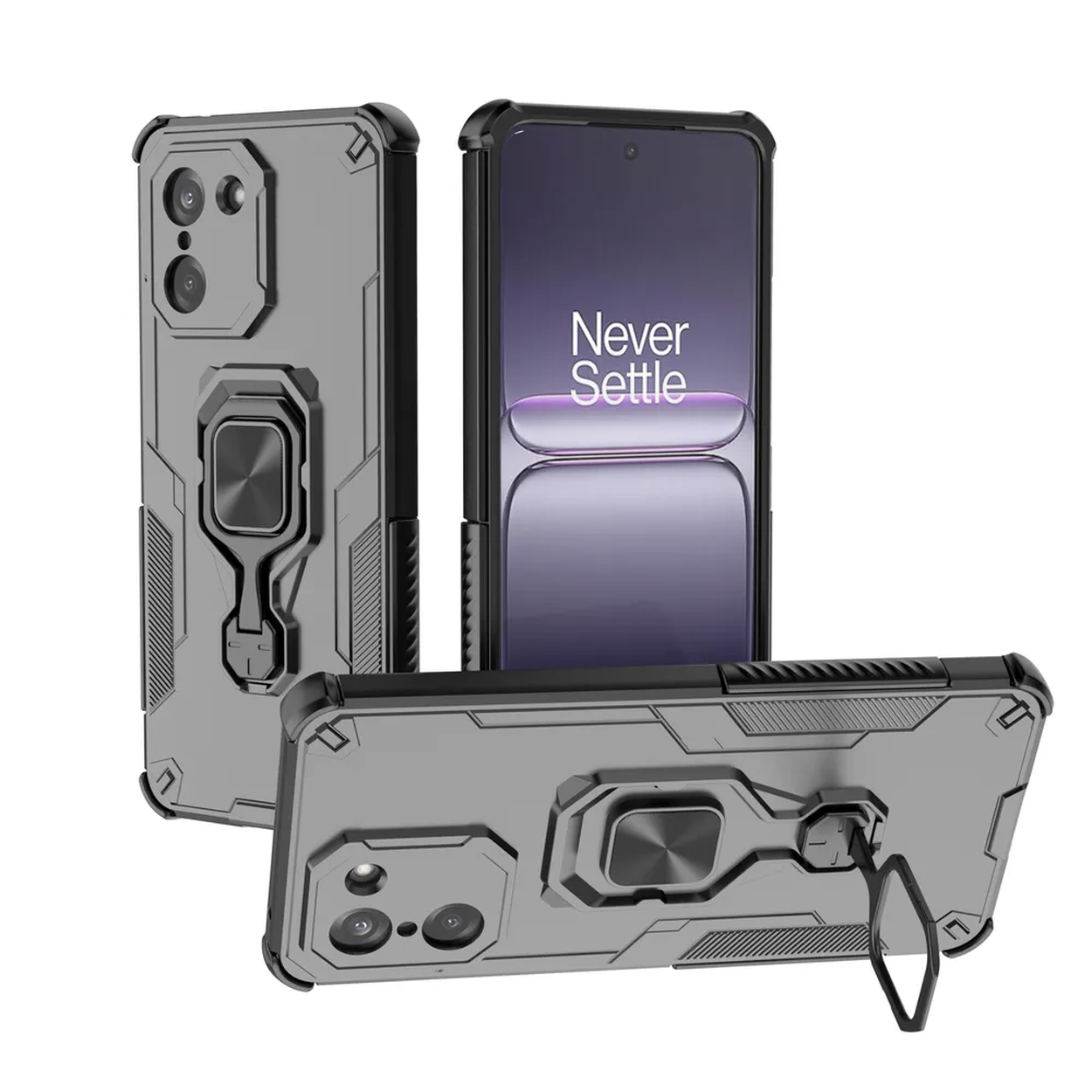Trois coques de téléphone grises avec des accents noirs et un support de bague. L'une affiche un écran « Never Settle ».