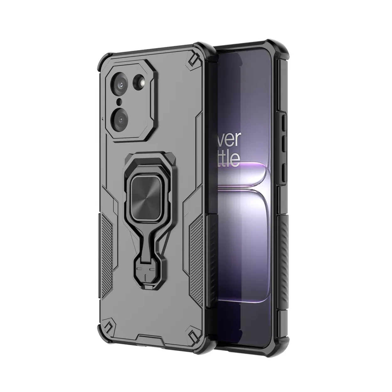 Une coque de téléphone grise avec un porte-anneau. Le téléphone est inséré et la coque est debout.