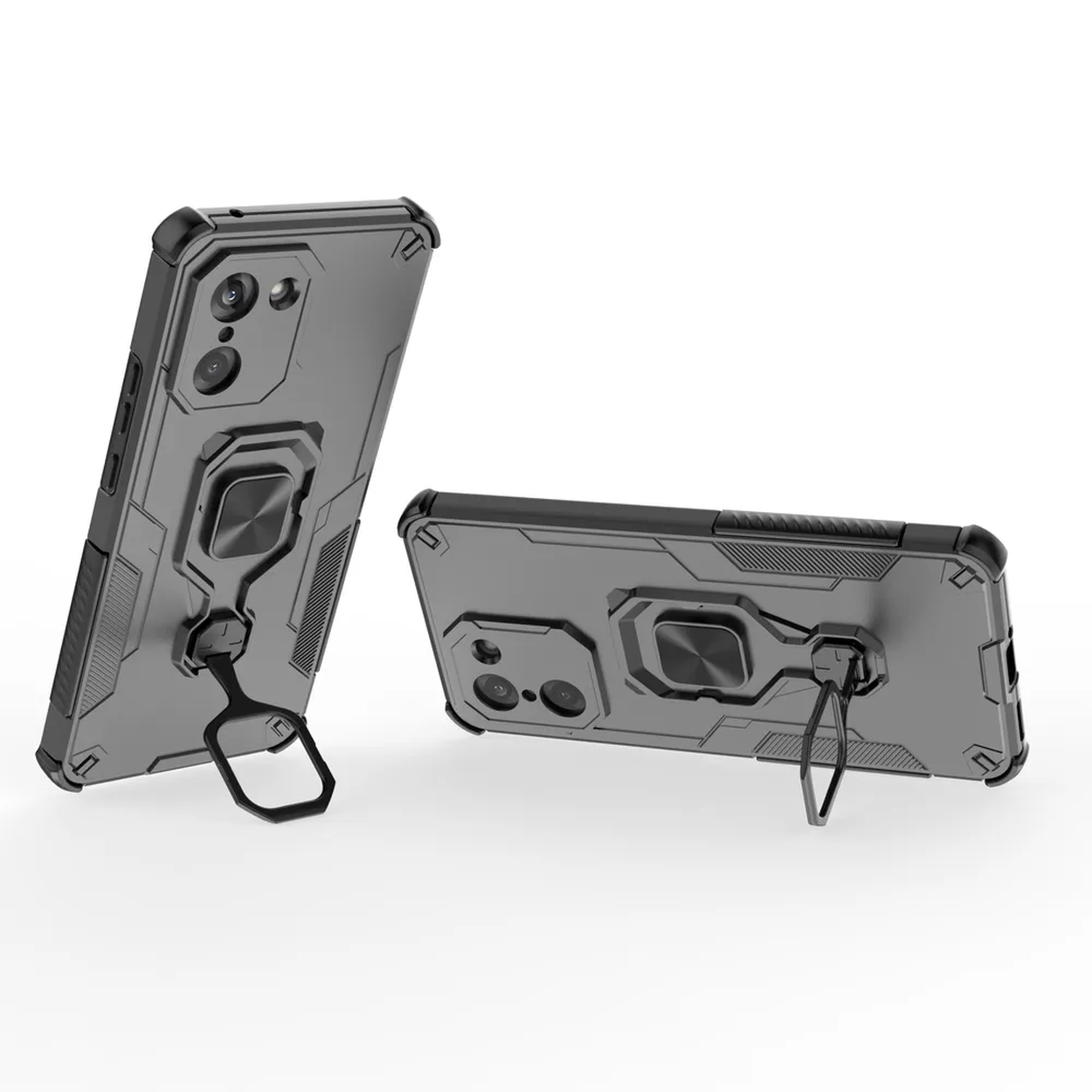 Deux coques de téléphone grises avec supports de bague. Les deux coques sont inclinées, sur fond blanc.