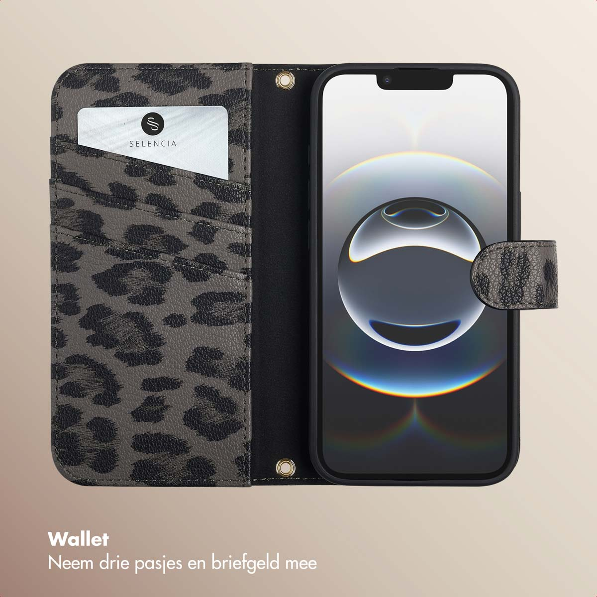 Étui de téléphone gris à imprimé léopard ouvert avec carte de crédit et téléphone à l'intérieur.