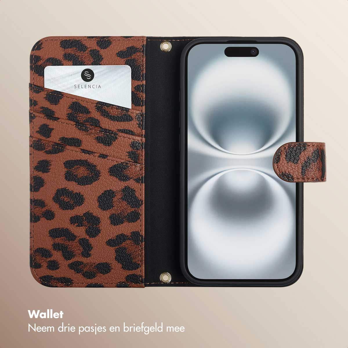 Custodia per telefono con stampa leopardata marrone aperta con carta di credito e telefono all'interno.