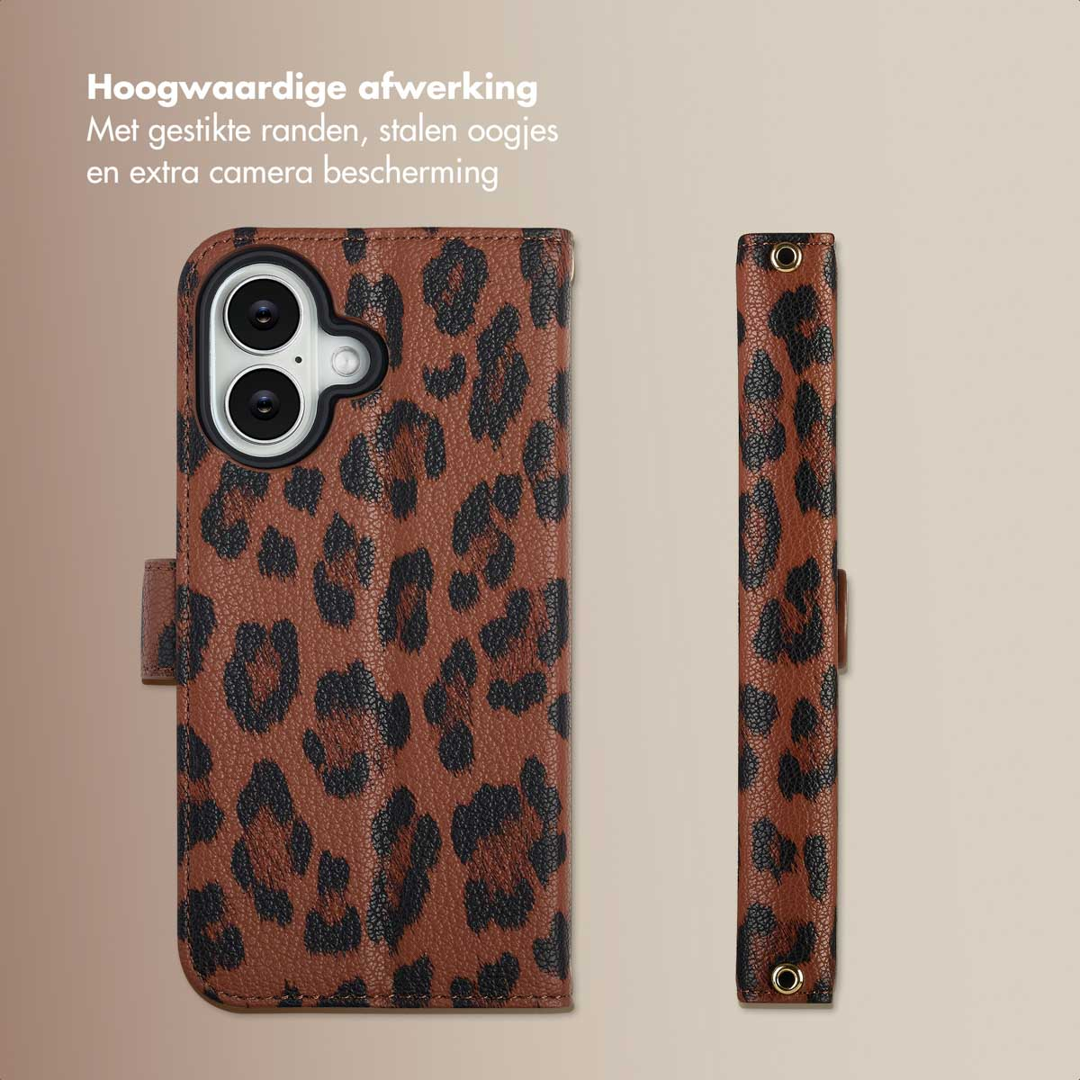 Una custodia per telefono con motivo leopardato, aperta. Un telefono è visibile all'interno. Motivo marrone e nero.