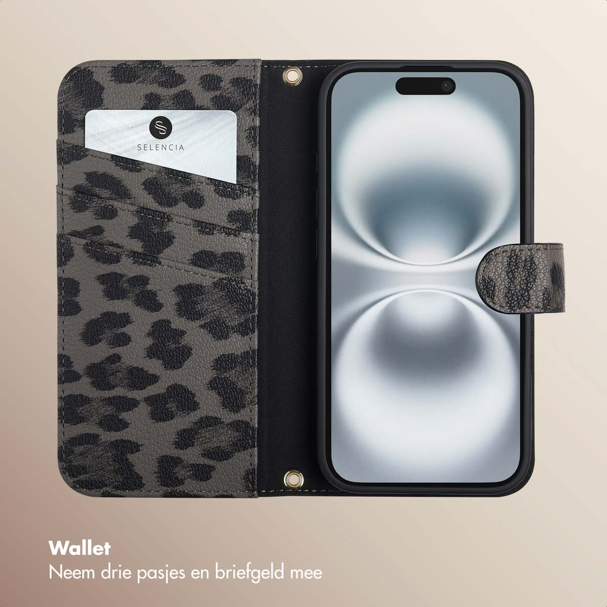 Custodia per telefono aperta con stampa leopardata, con telefono e carta.
