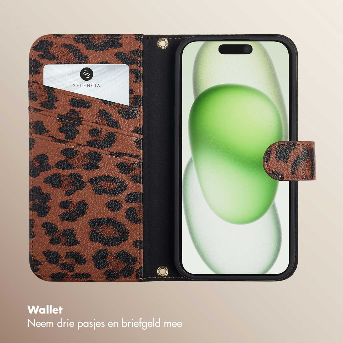 Telefoon in open hoes met creditcards en geld zichtbaar.