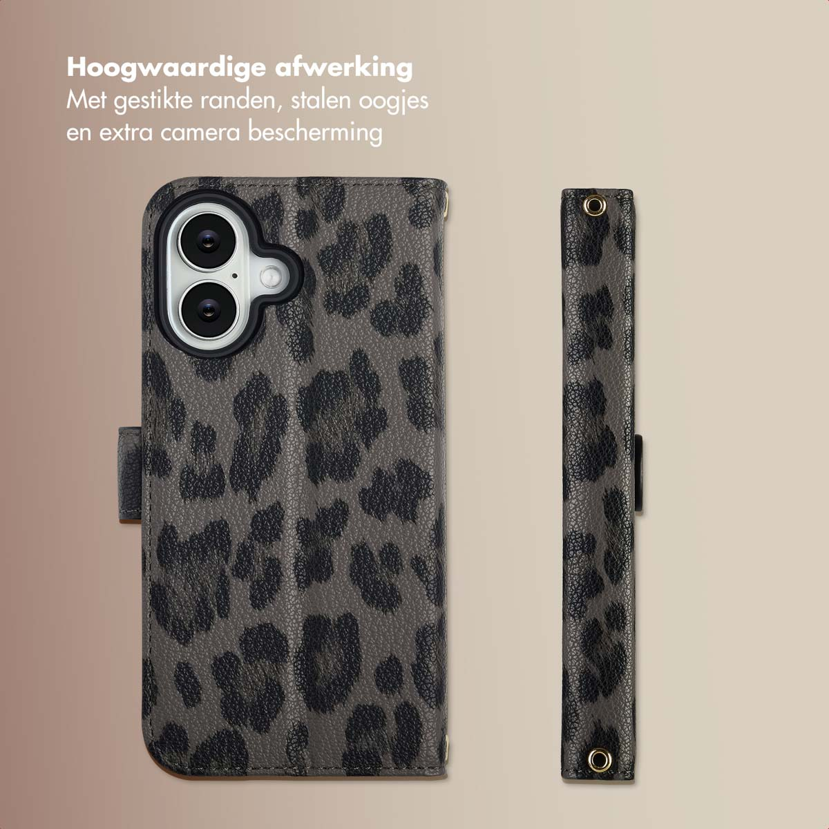 Custodia del telefono aperta, vista laterale destra. Mostra stampa leopardata e dettagli.