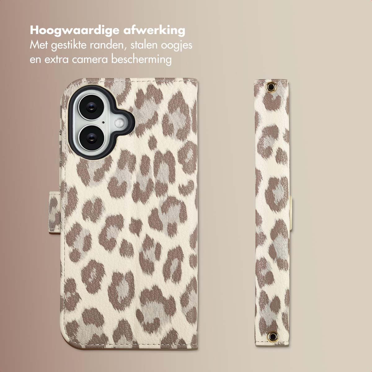 Custodia per telefono con stampa leopardata. La custodia è chiusa. Vista laterale della custodia. Due anelli dorati sul lato.