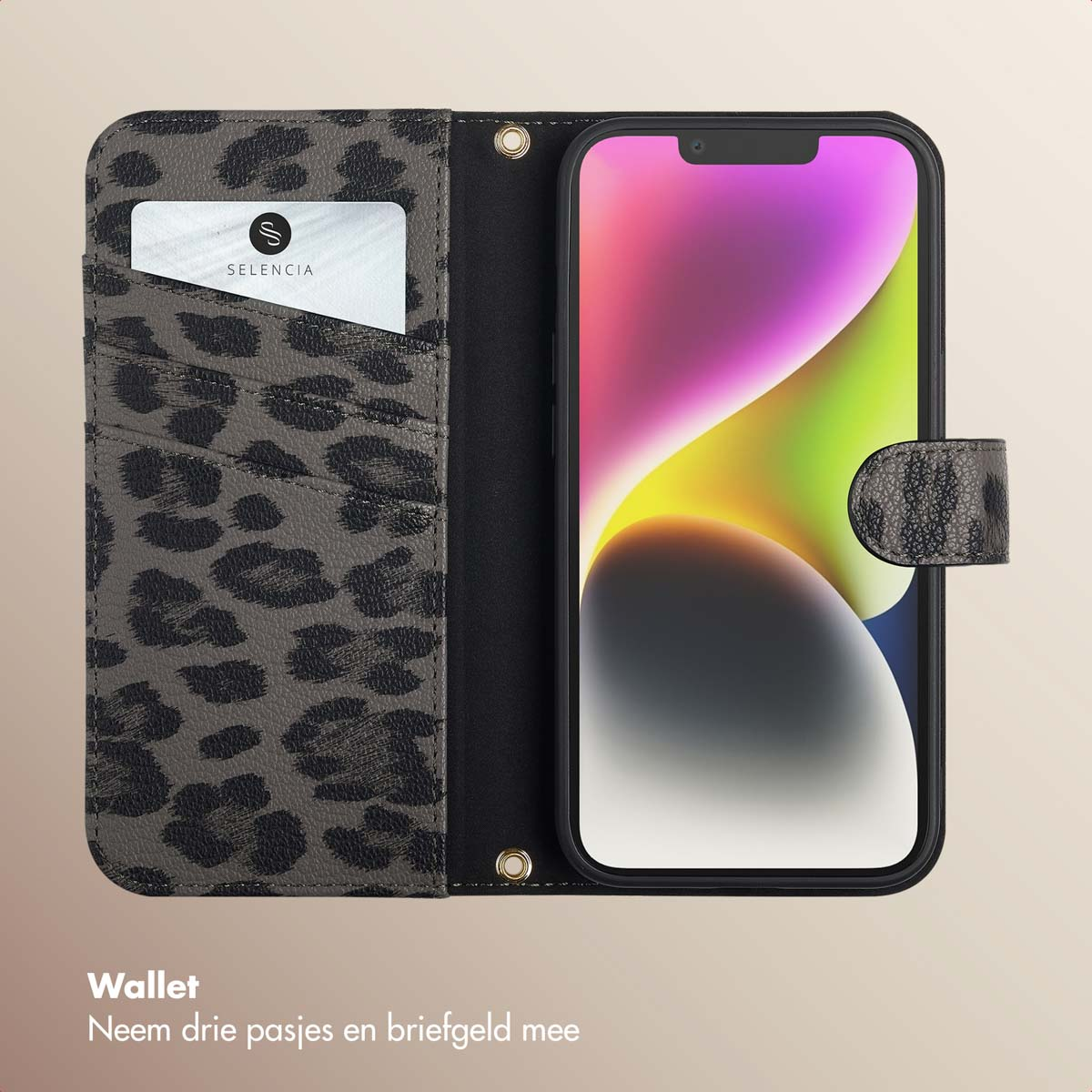 Custodia per telefono aperta con stampa leopardata. Telefono all'interno. Scomparti per carte a sinistra. Carta con logo nello scomparto.