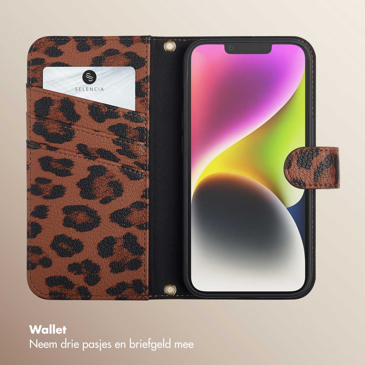 Custodia per telefono aperta con stampa leopardata. Telefono all'interno. Scomparti per carte a sinistra. Carta con logo nello scomparto.