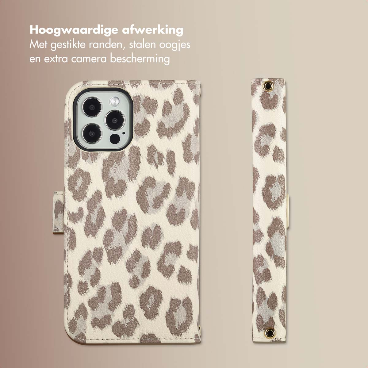 Un étui de téléphone avec un motif léopard est présenté, ainsi que le côté de l'étui. Fond beige.