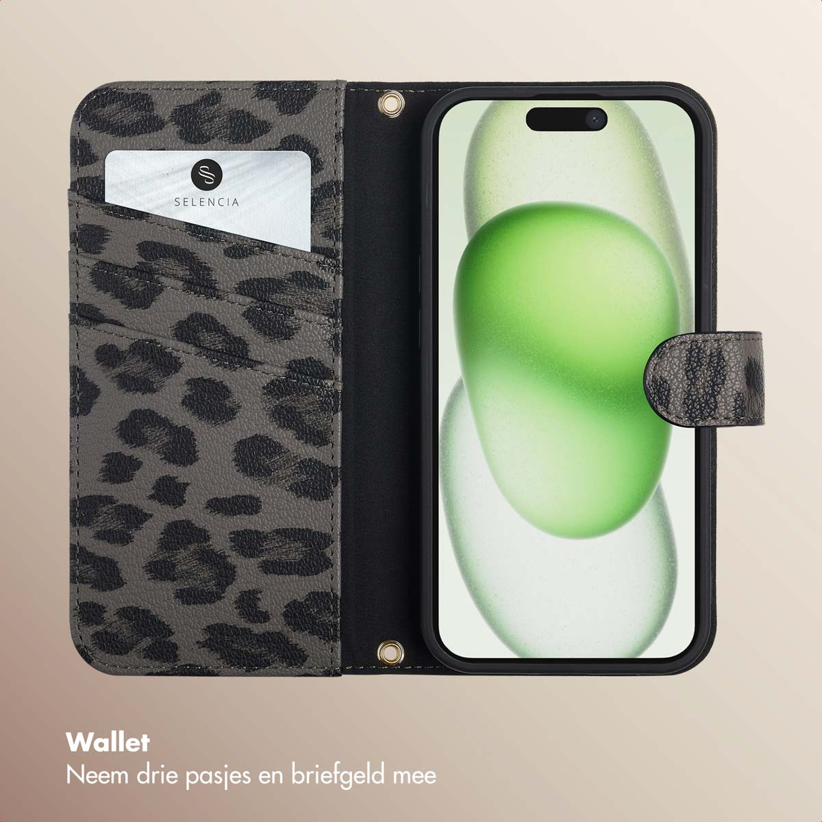 Een telefoonhoesje met luipaardprint, een open portemonnee met kaarten en een telefoon op een lichte achtergrond.