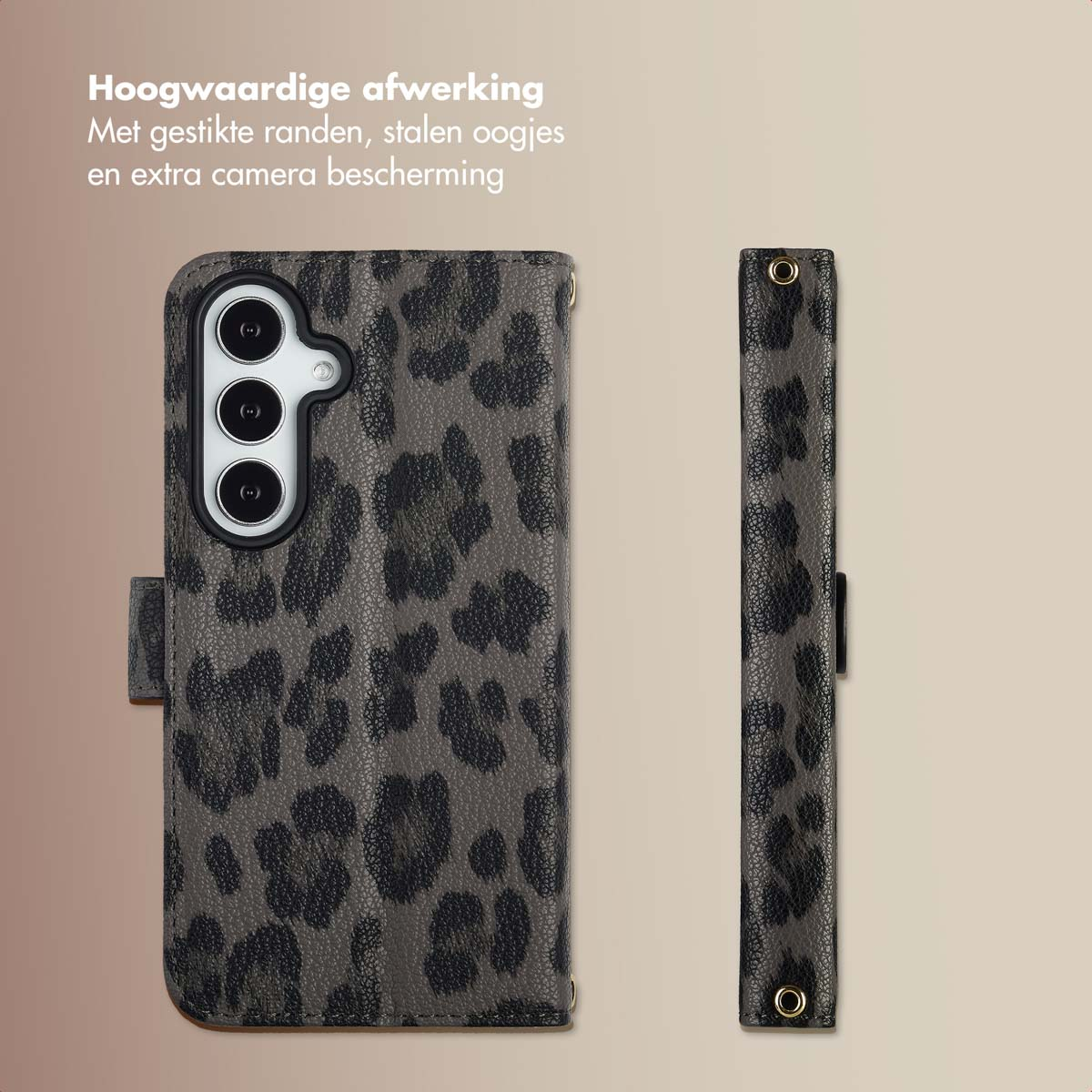 Telefoonhoesje, open en dicht. Luipaardprint. Zwarte hoes. Camera en knoppen zichtbaar.