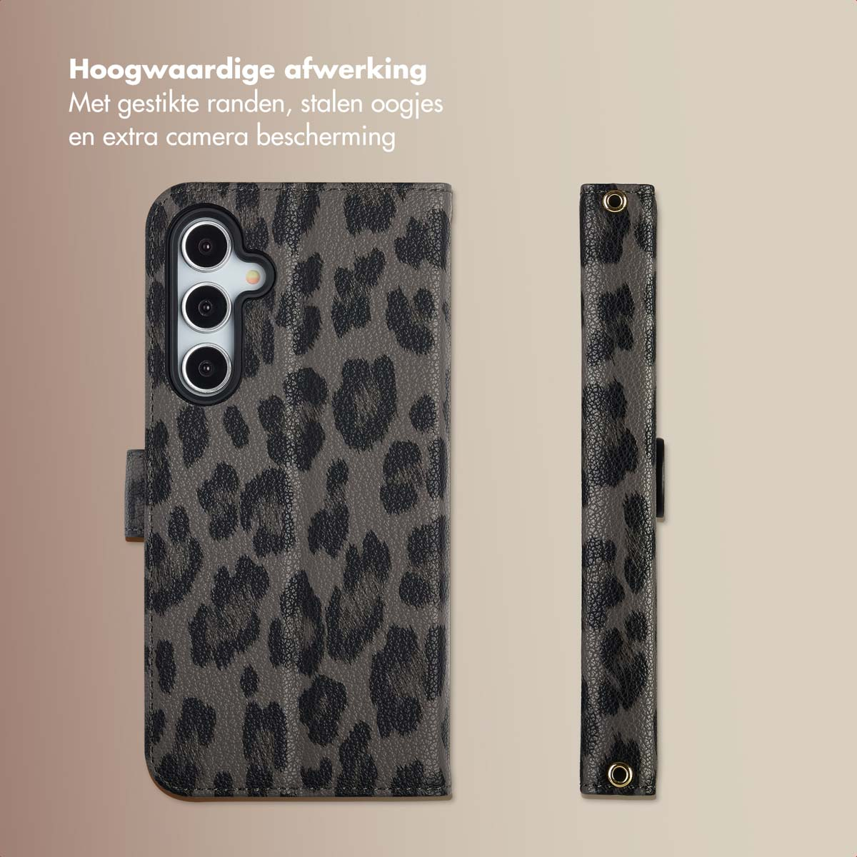 Étui de téléphone, ouvert et fermé. Imprimé léopard noir et gris. Caméra et boutons visibles.
