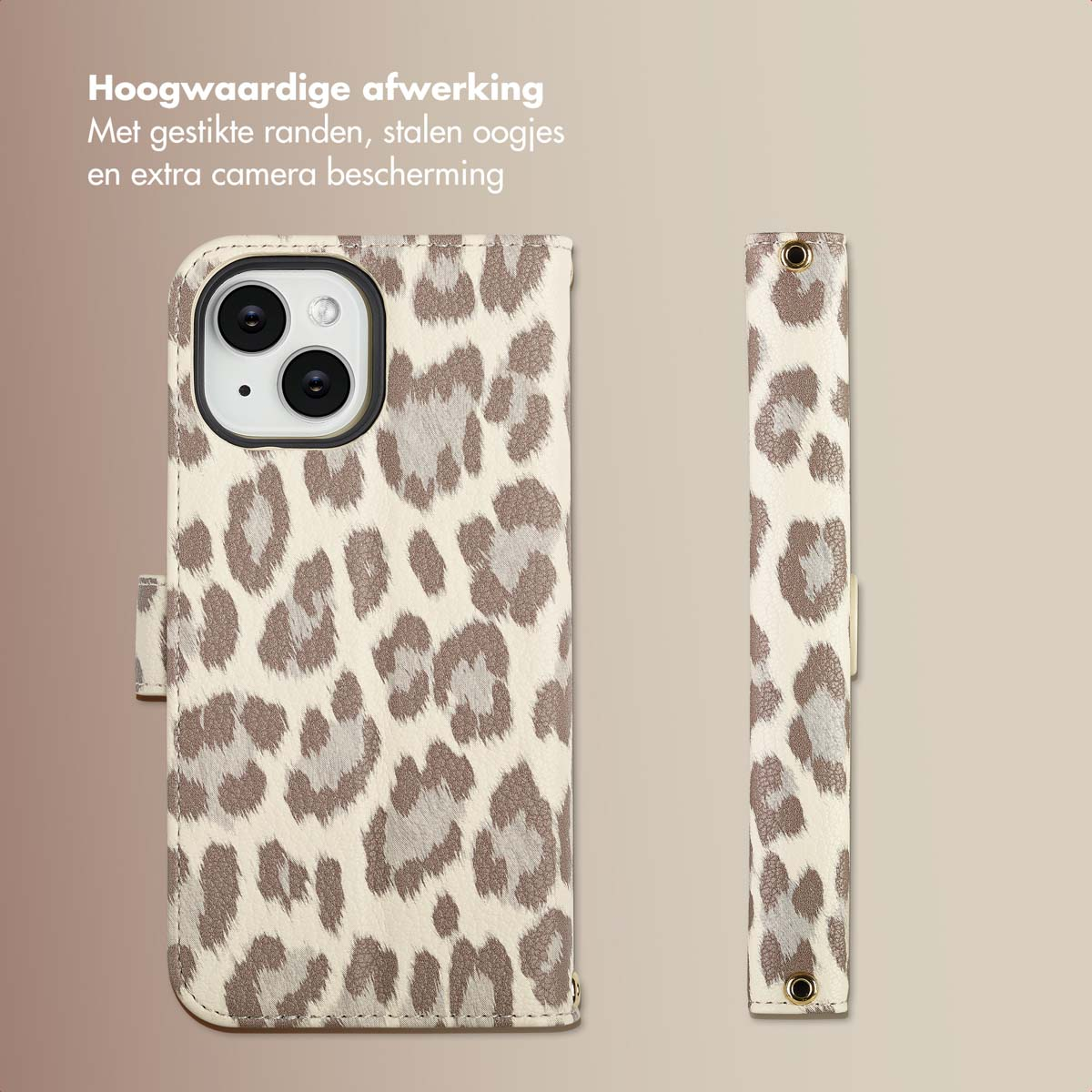 Een telefoonhoesje met luipaardprint. Beige achtergrond met twee delen: voor- en zijkant. Tekst bovenaan.