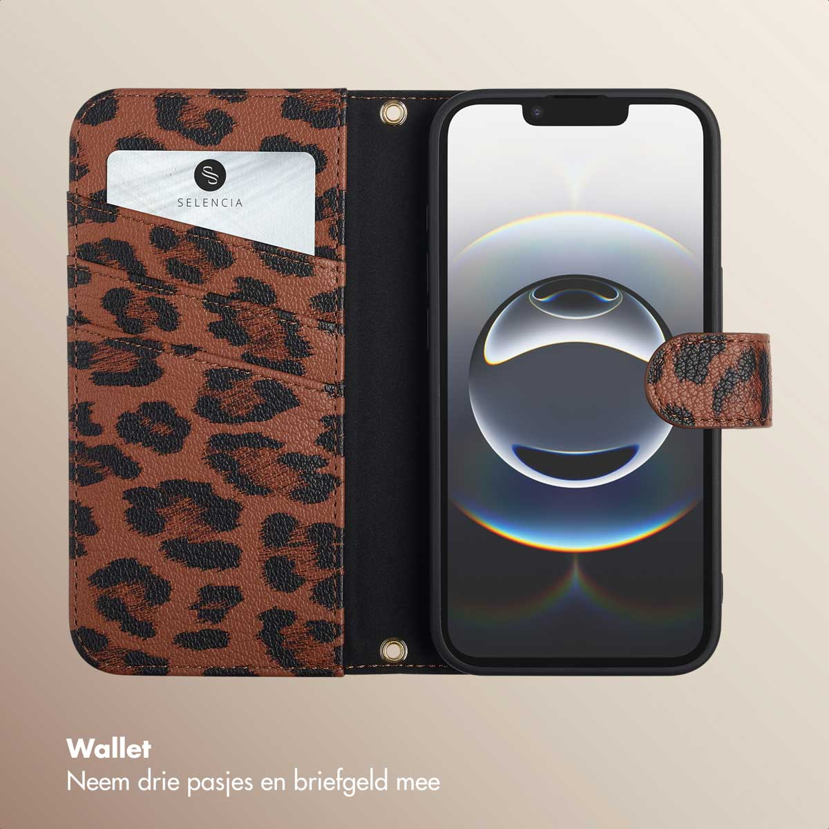 Une coque de téléphone avec un imprimé léopard, avec un téléphone à l'intérieur. L'étui est ouvert.
