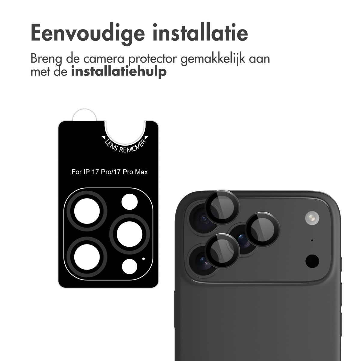 Zwarte lensbeschermer met zwarte telefoon en witte achtergrond. De beschermer heeft cirkels. De telefoon heeft 3 lenzen.