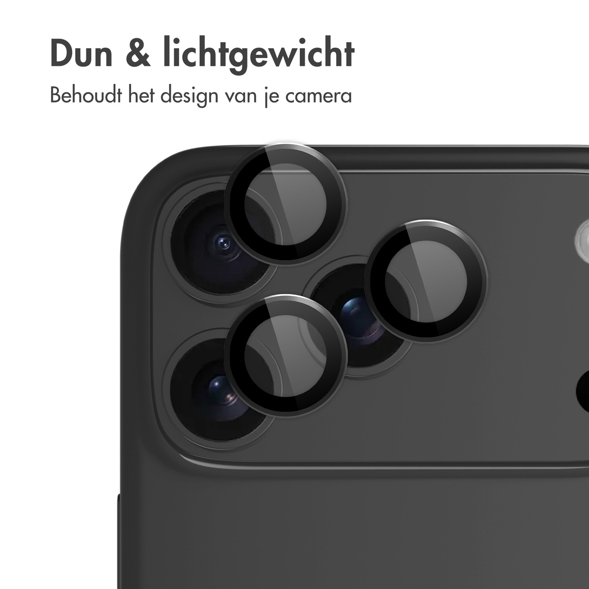 Zwarte telefoon met lensbeschermers aangebracht. De focus ligt op de cameralenzen van de telefoon.