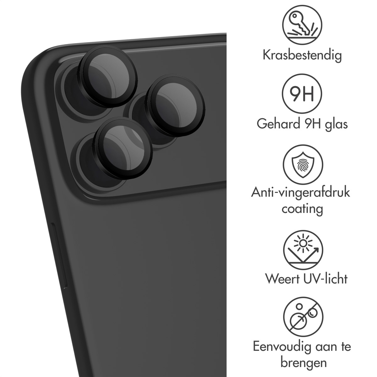 Een zwarte telefoon met lensbeschermers aangebracht. Er staan iconen rechts. De achtergrond is wit.