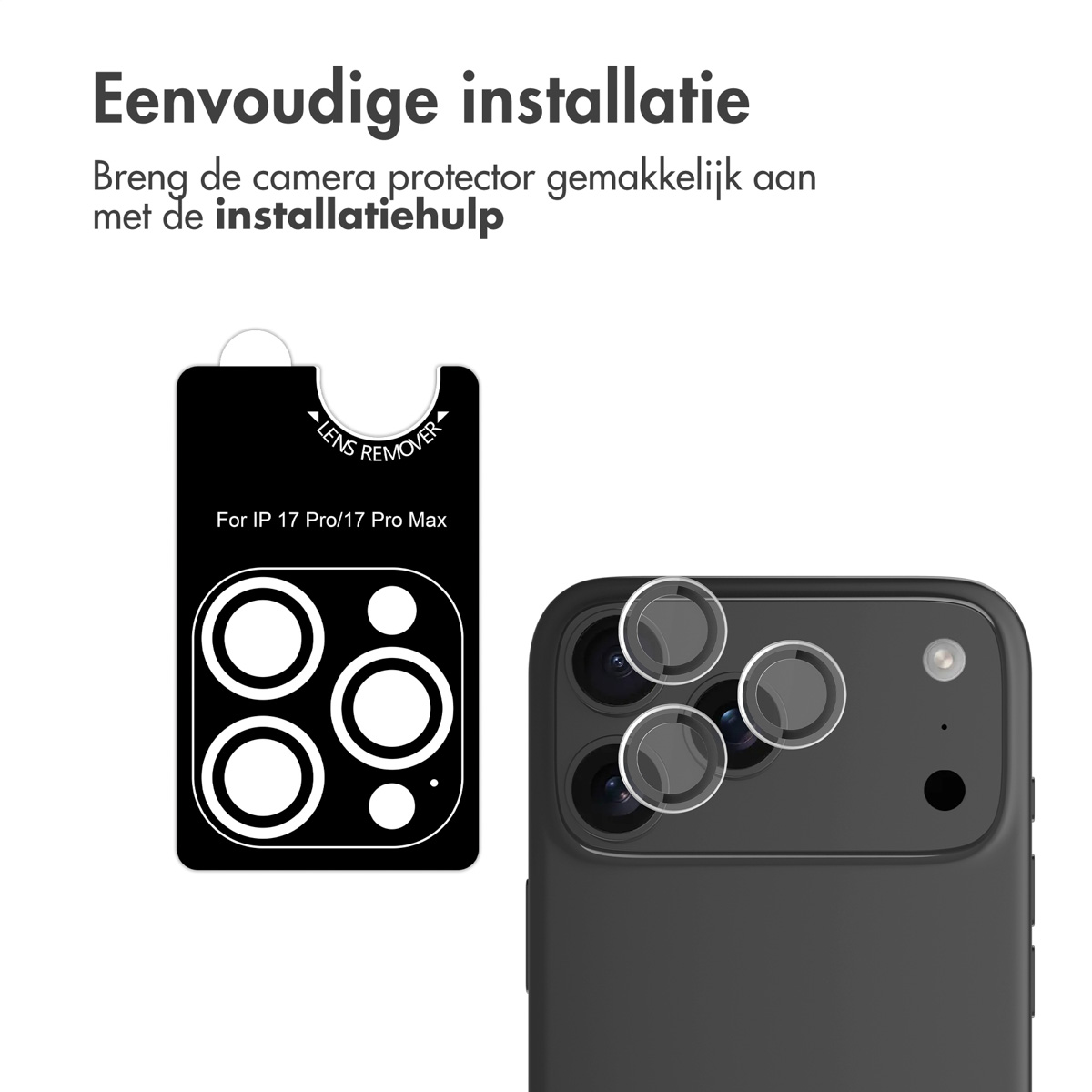 Black phone with lens protectors applied. A black lens remover is on the left.