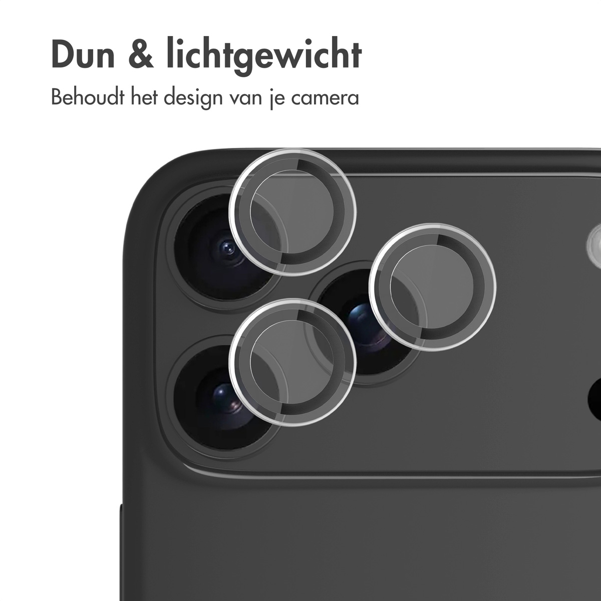 Black phone with lens protectors applied. The focus is on the phone's camera lenses. The background is white.