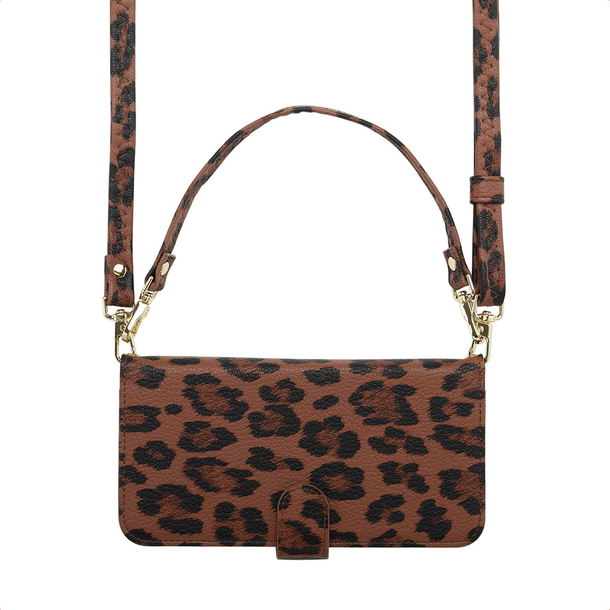 Bruine telefoonhoes met luipaardprint en riem. Goudkleurige hardware. Witte achtergrond.