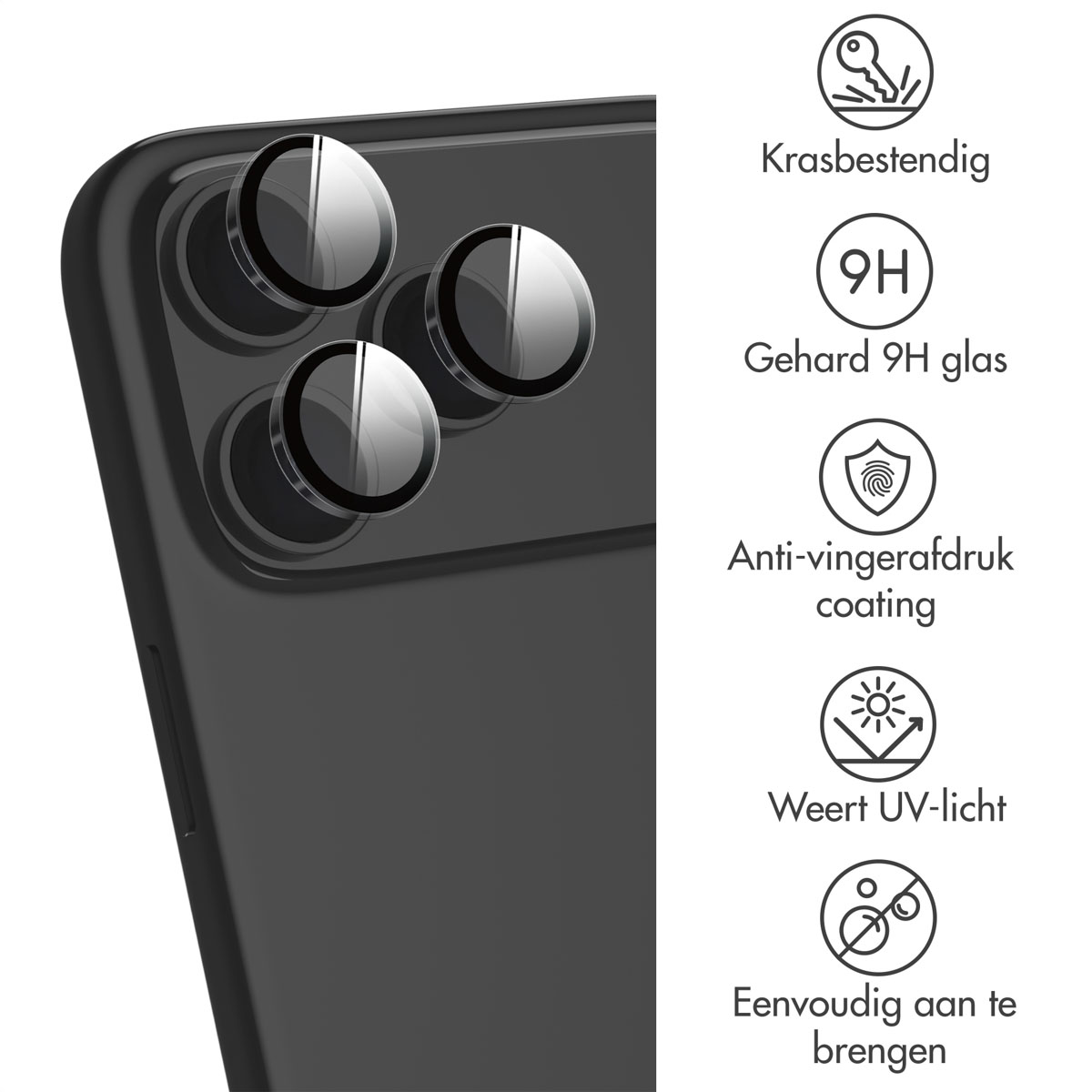 Black phone with lens protectors applied. There are icons on the right. The background is white.