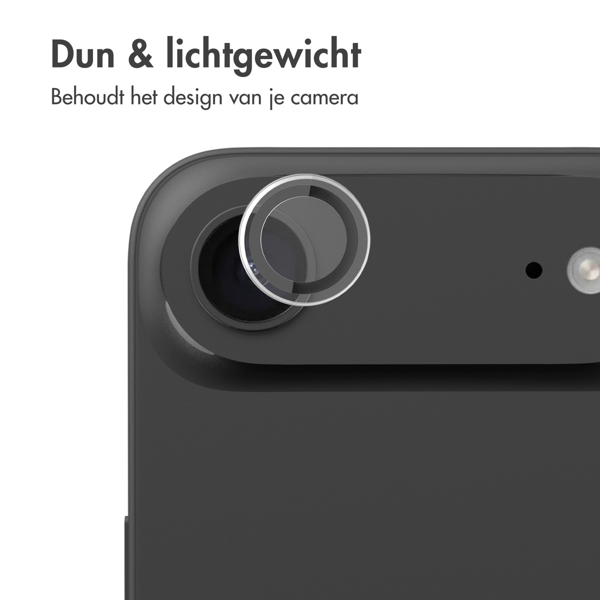 Close-up of a phone camera lens with a protective glass cover. Black phone body.