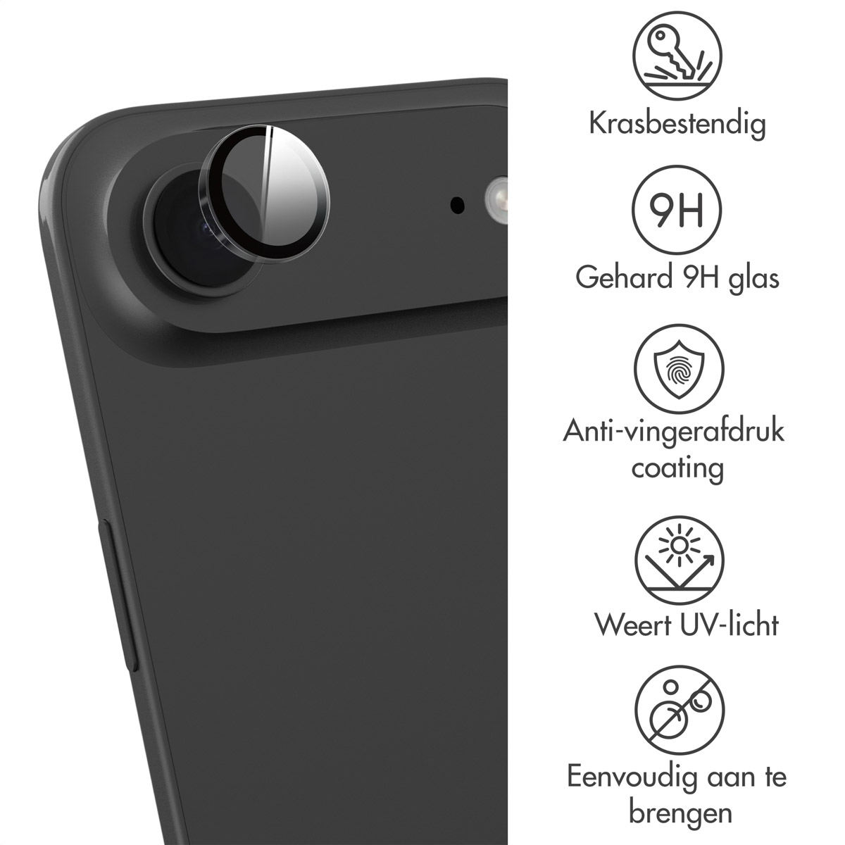 Close-up of a black phone with lens protector and icons. It has a glass protector and protects against UV light.