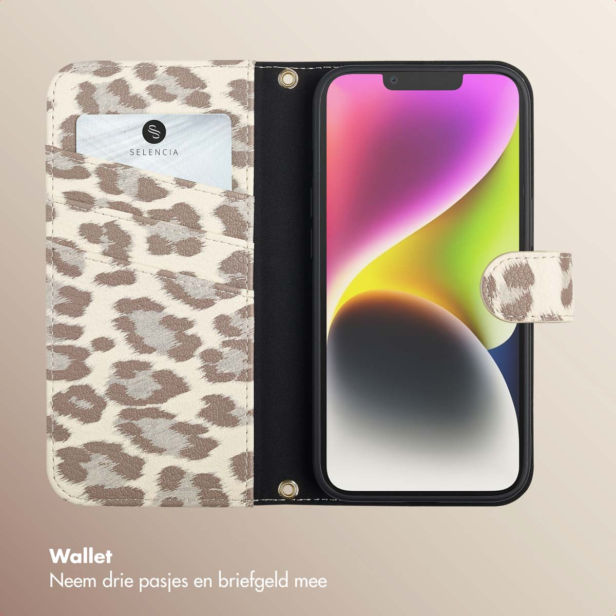 Telefono in una custodia a portafoglio con stampa leopardata, carta e telefono visibili. Sfondo beige.