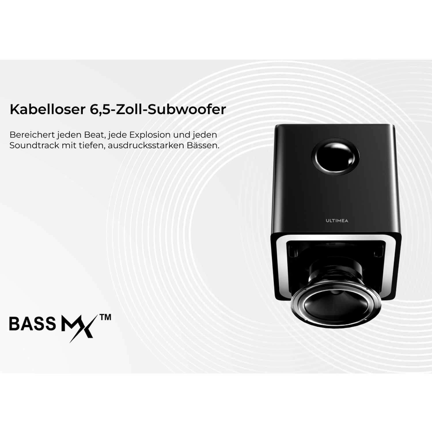 Ein schwarzer Subwoofer mit einem Lautsprecher, einem runden Loch und einem Logo.