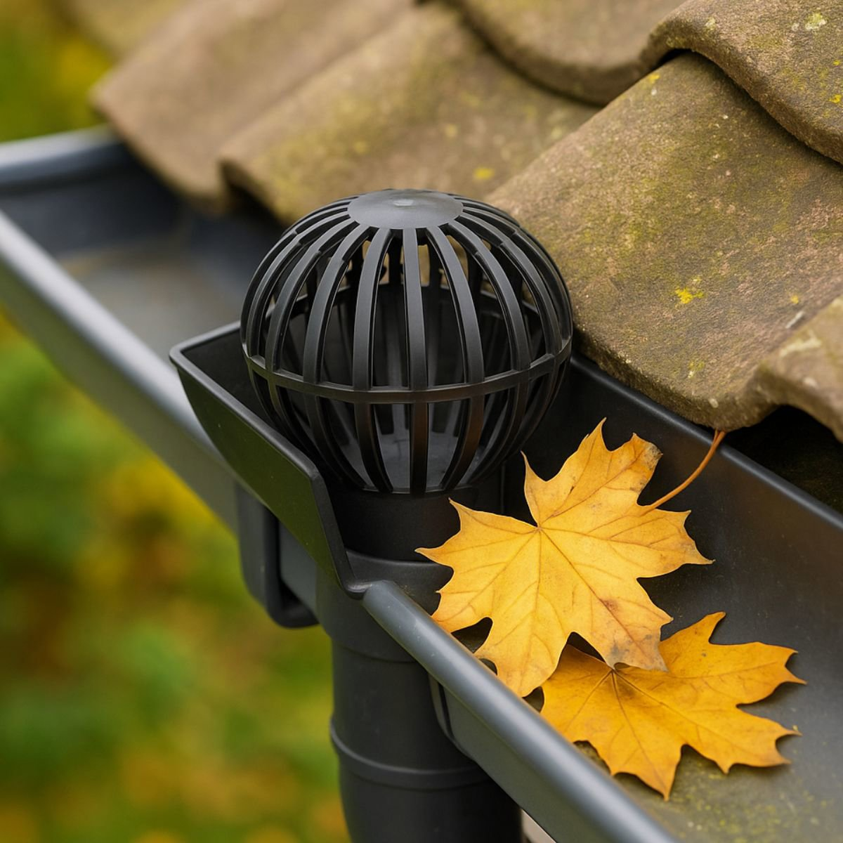 Un protège-gouttière noir dans une gouttière avec des feuilles jaunes. La gouttière est sur un toit avec des tuiles brunes.