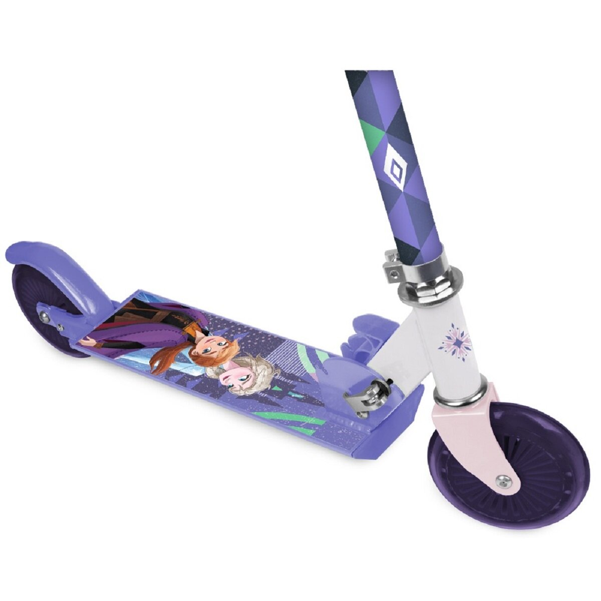 Scooter viola e bianco con i personaggi di Frozen, Anna ed Elsa. Ruote, piattaforma e manubrio viola. Stelo bianco, dettagli rosa.
