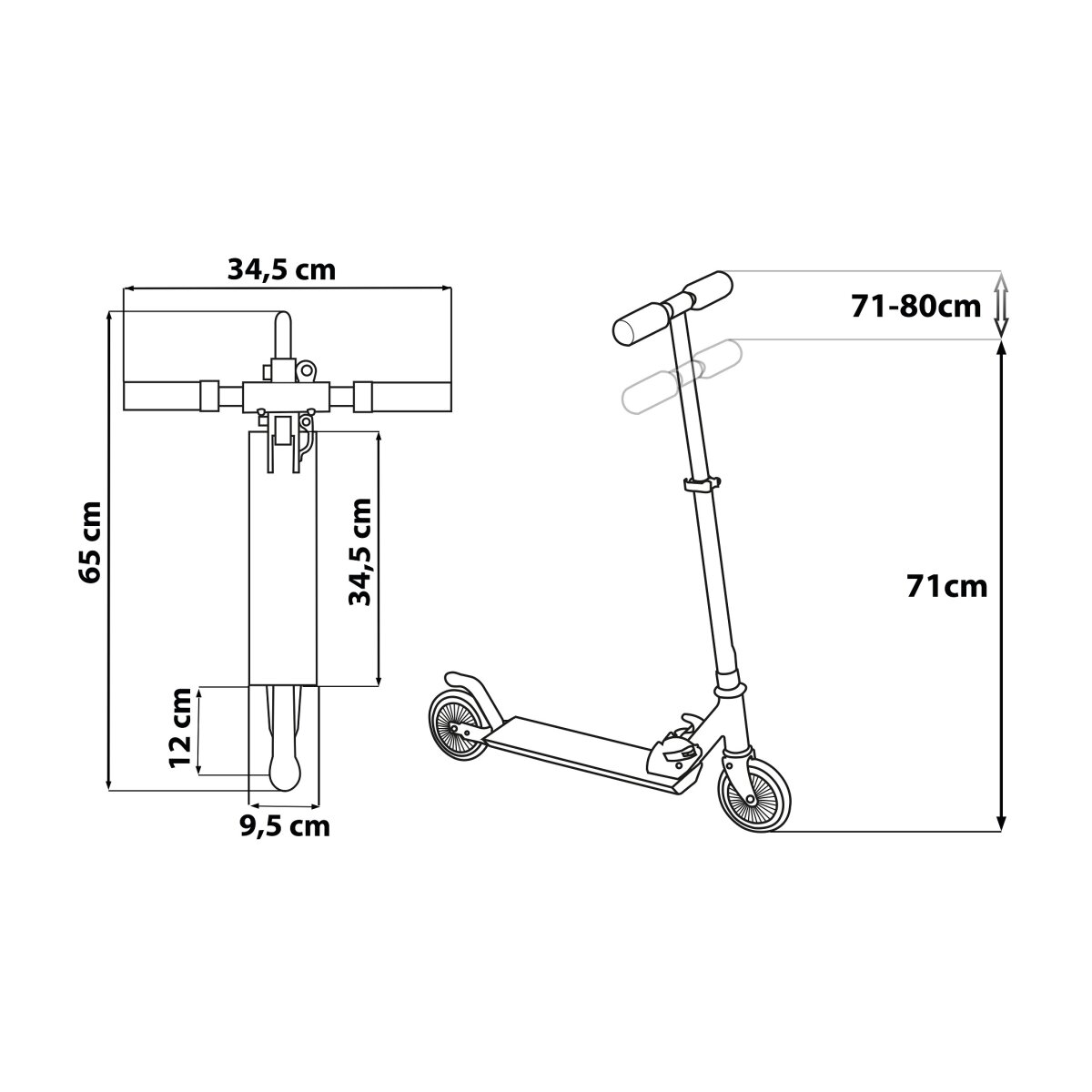 Diagramma che mostra le dimensioni di uno scooter. Le misure includono altezza e larghezza in cm.