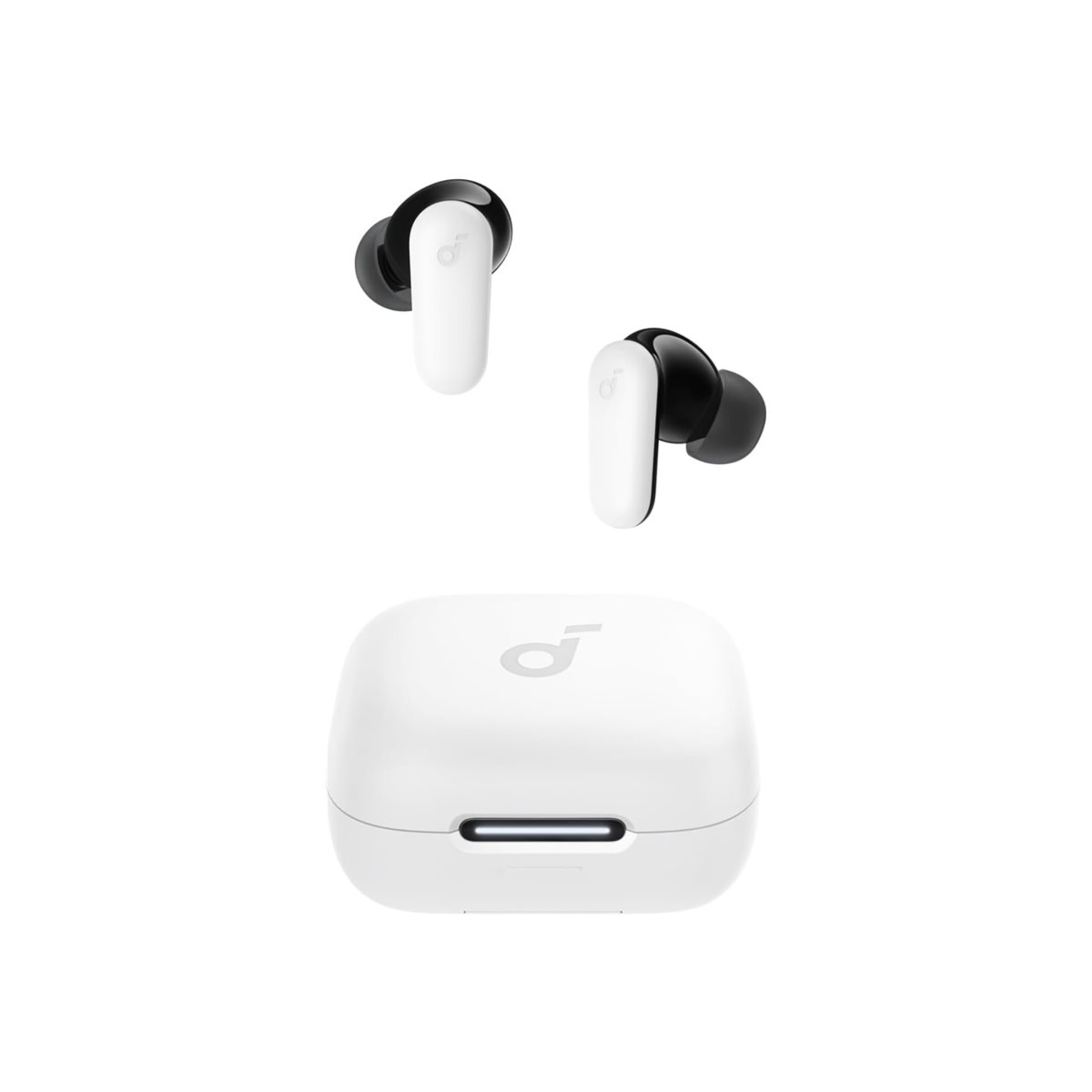 Auriculares blancos y un estuche de carga sobre una superficie blanca. Los auriculares son negros y blancos.