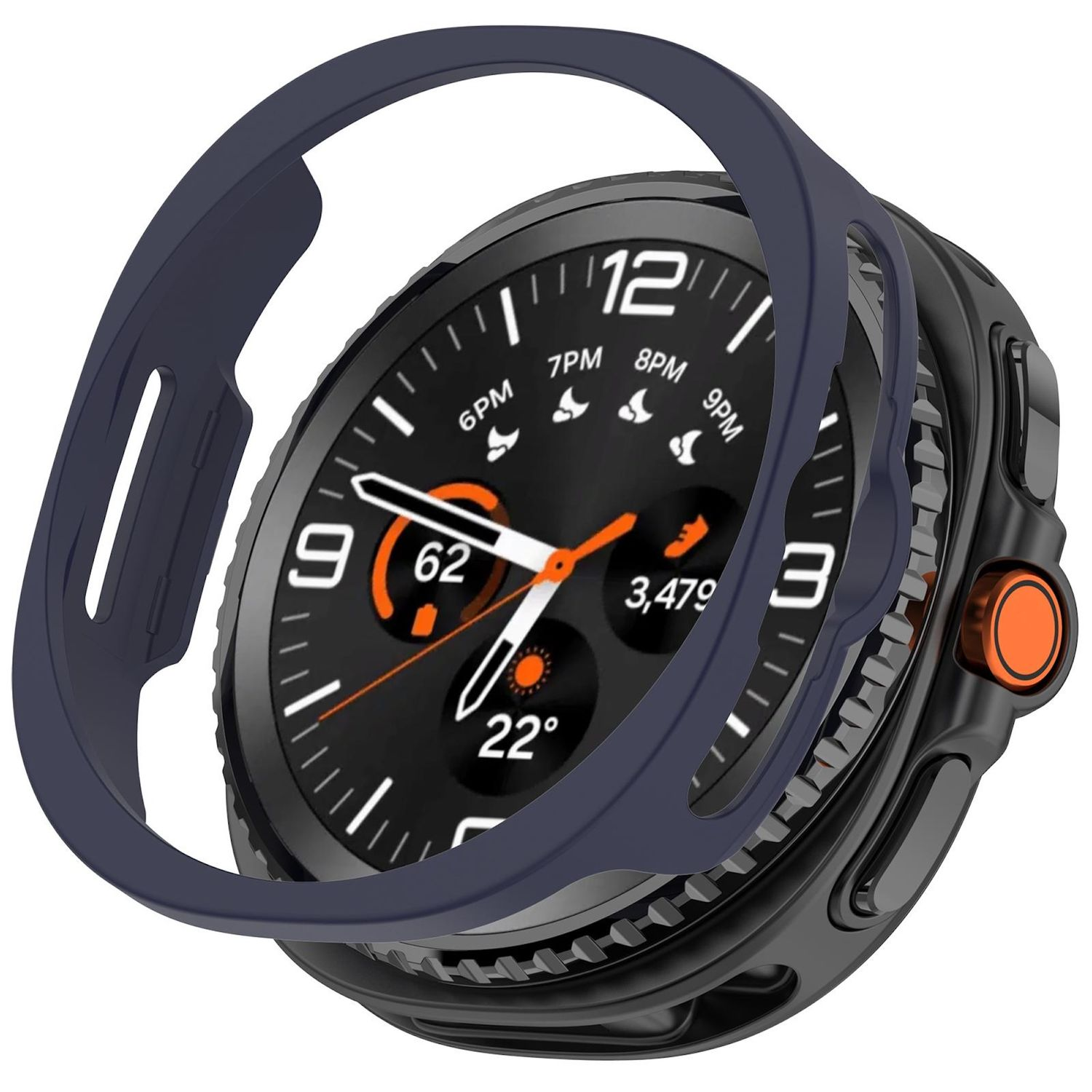 Un orologio con protezione della lunetta blu scuro, quadrante nero e dettagli arancioni.