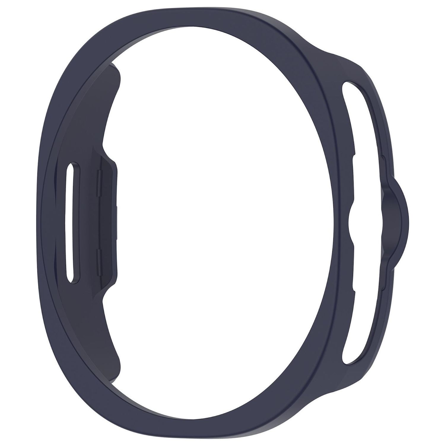 Ghiera dell'orologio blu scuro, forma circolare, con una sezione rettangolare ritagliata.