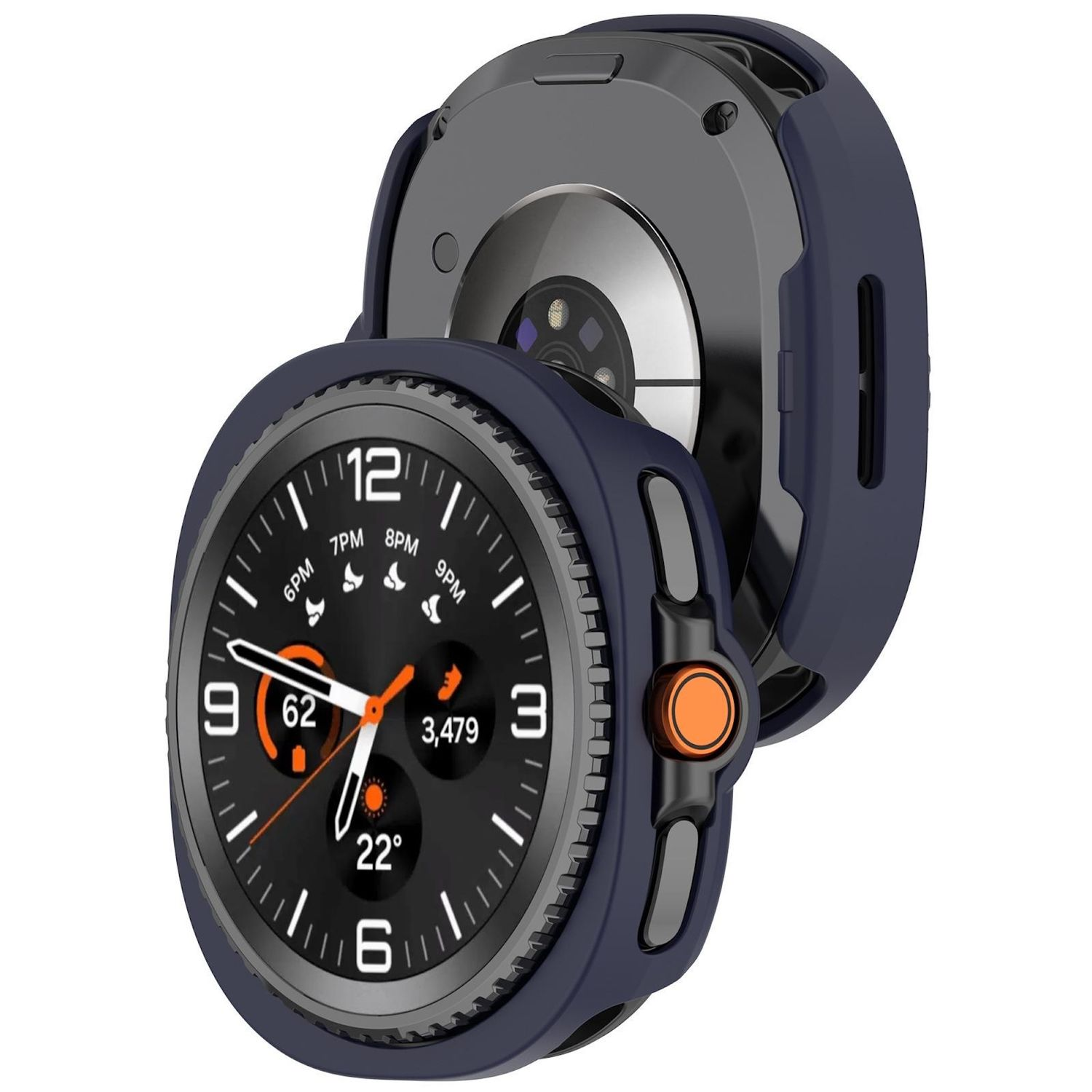 Uno smartwatch con cassa blu. L'orologio mostra ora, passi e temperatura. Il display è nero con dettagli bianchi e arancioni.