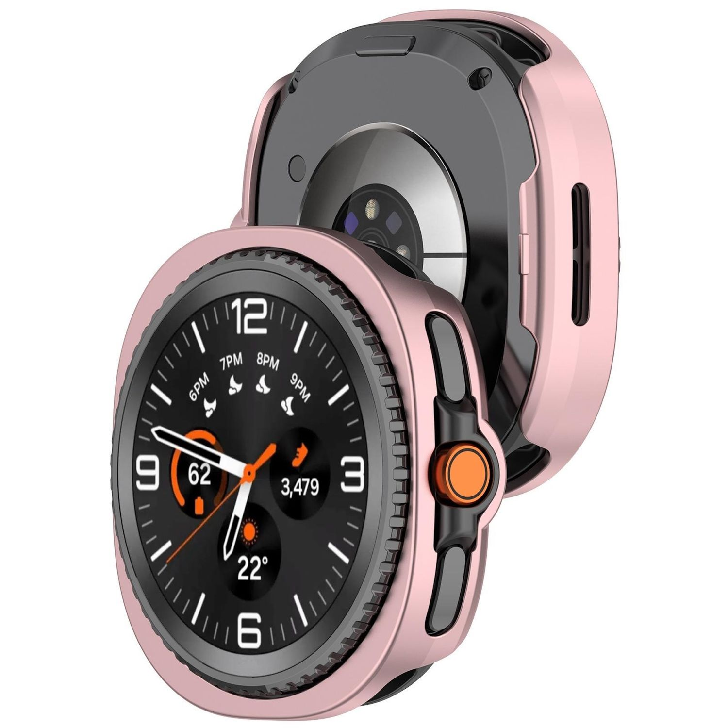 Eine Uhr mit roségoldener Lünetten-Schutzhülle, mit schwarzem Zifferblatt und orangefarbenen Akzenten.